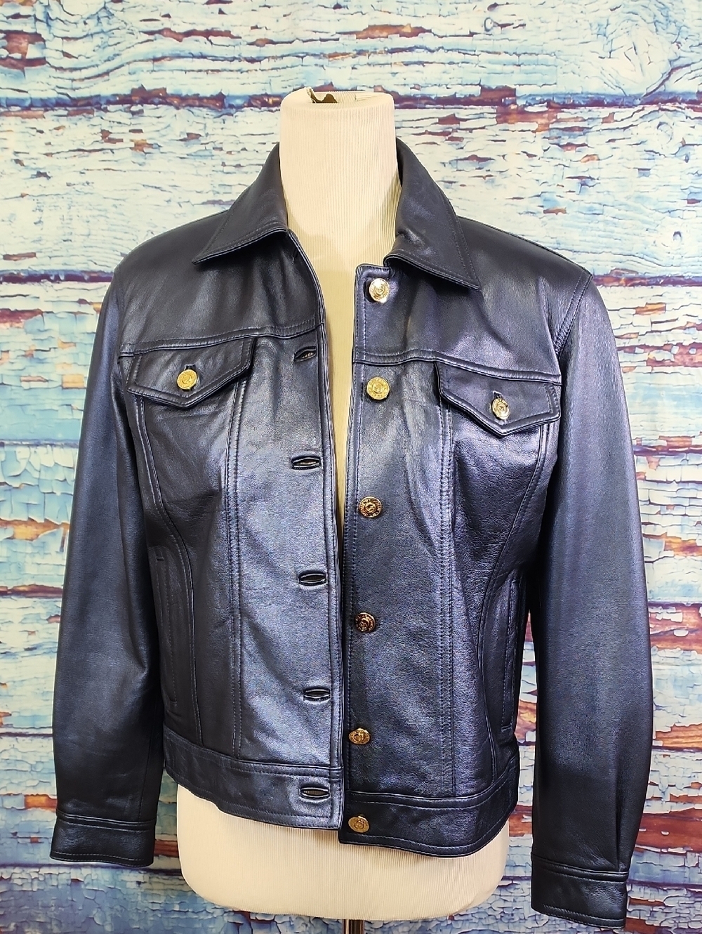 Women's Navy Leather Button-Front Jacket with Gold Buttons